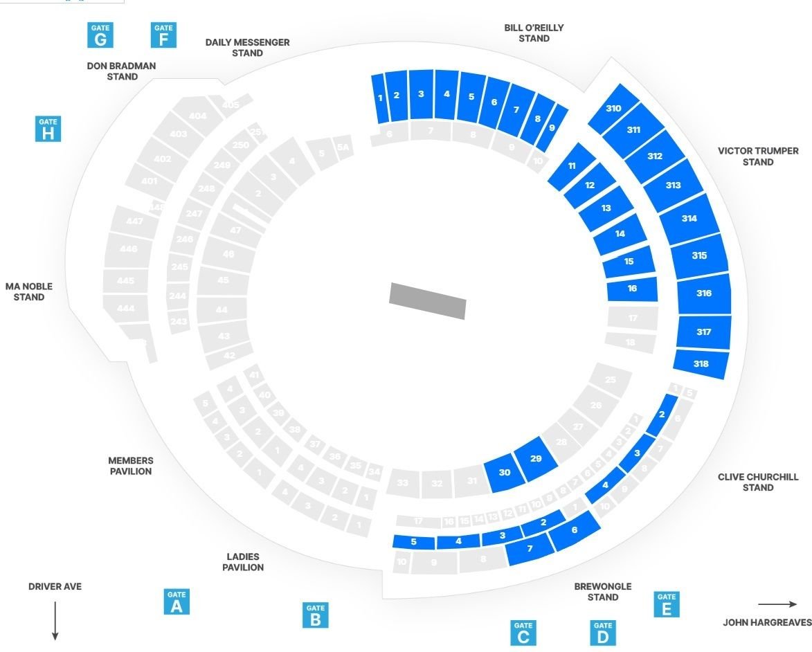 Australia vs India SCG Seat Plan with rows and entry gates